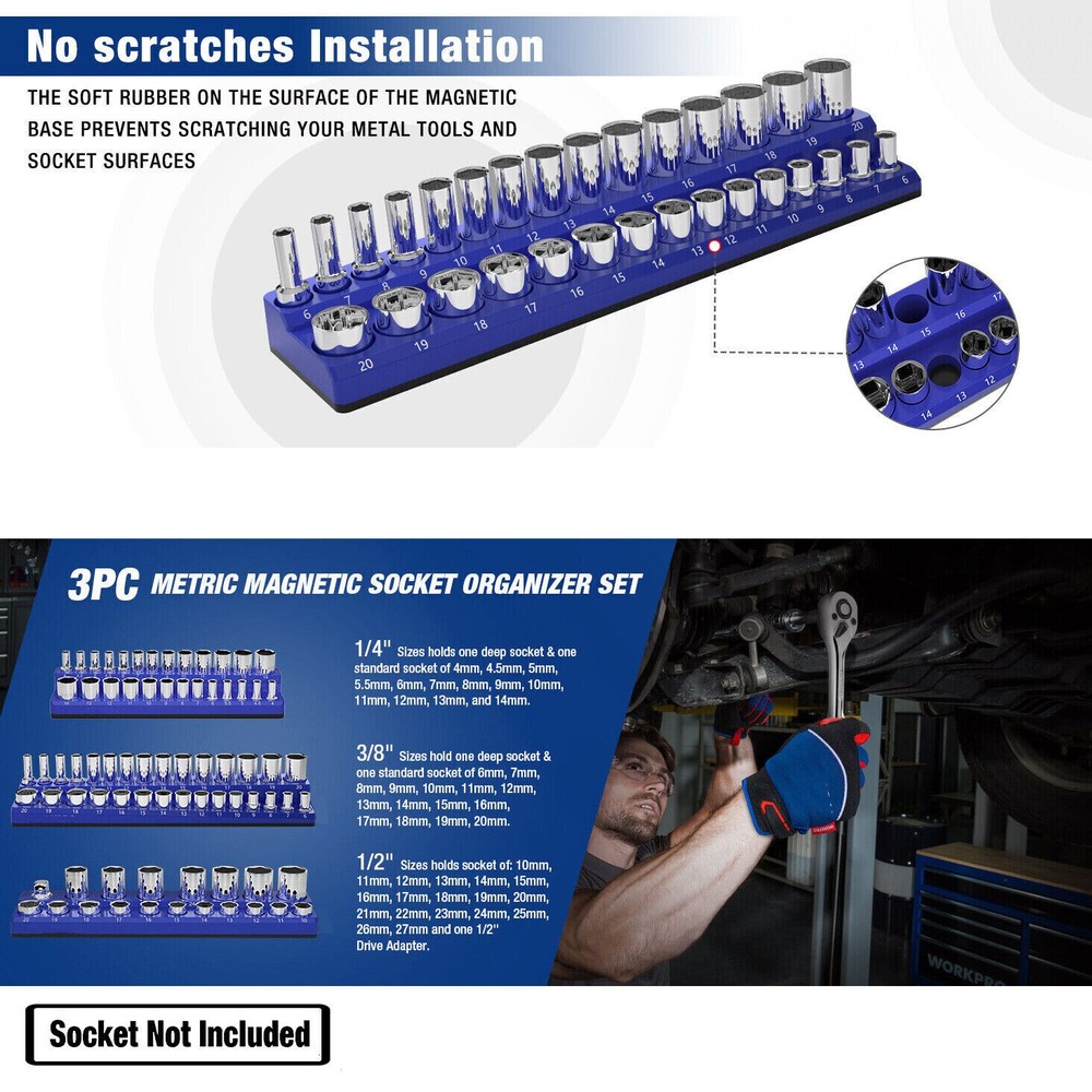 6X Magnetic Socket Organizer Set 1/4" 3/8" 1/2" Drive Holders for Socket Storage