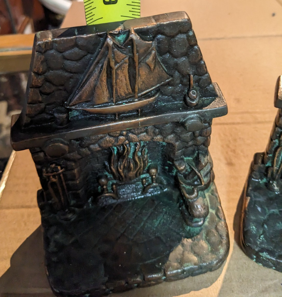 2 Solid Red Brass Bookends Rustic Blazing Fireplace With Ship On Mantel 9lb+