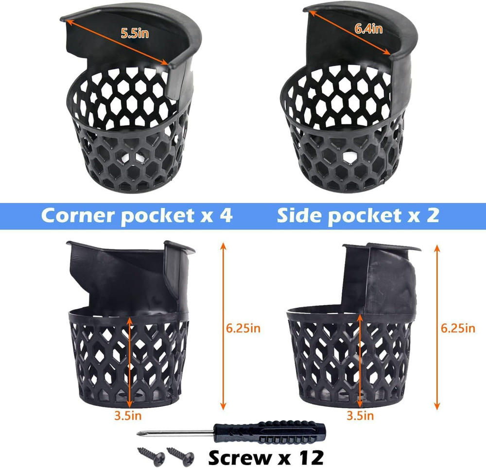 Pool Table Replacement Pockets - Set of 6 Plastic Web Pockets for Billiard Table