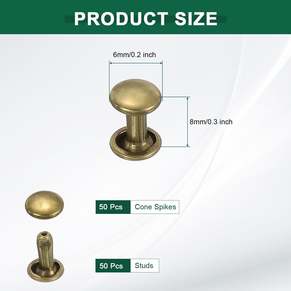 50 Sets Double Cap Leather Rivets, 6x8mm Round Cap Metal Studs, Bronze