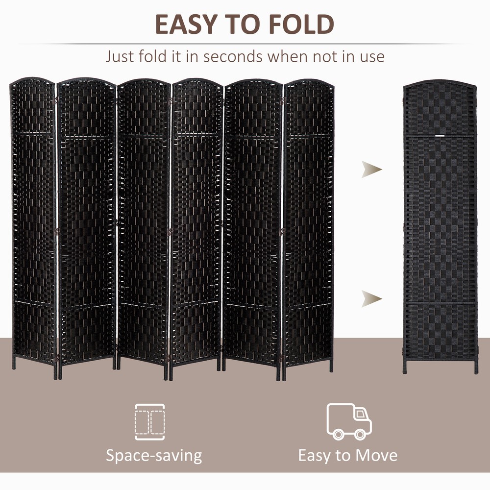 6 Panel Folding Room Divider w/Wood Frame, 6' Tall Wicker Weave Wall Partition