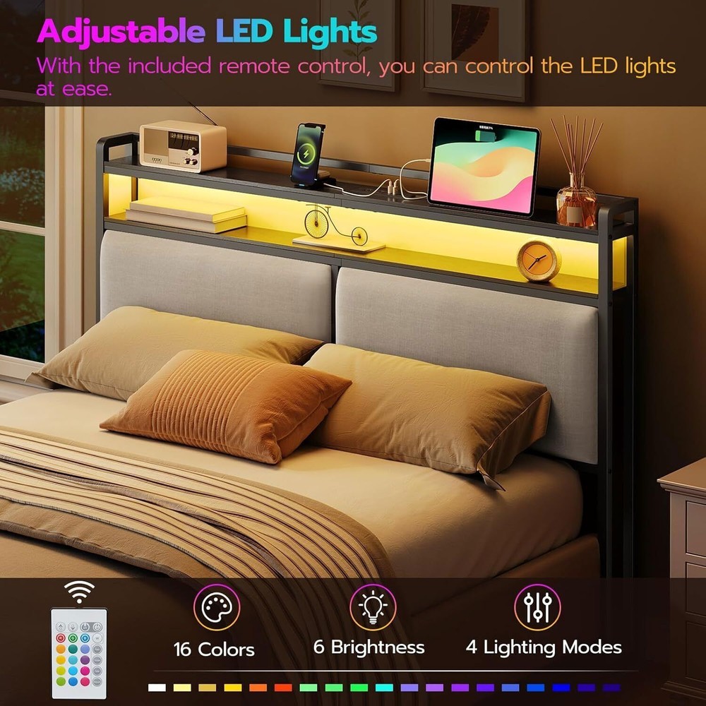 Queen Size Upholstered Headboard Storage Headboard w/Adjustable LED Lights Black