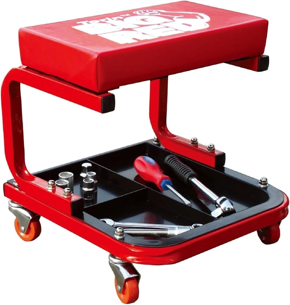 Comfortable Red Rolling Creeper Mechanic Stool with Tool Tray - 250 lbs Capacity
