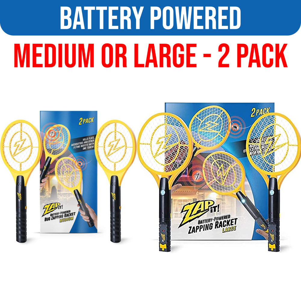 Zap It! Battery Powered Bug Zapper Racket Yellow 2-Pack Choose Medium or Large