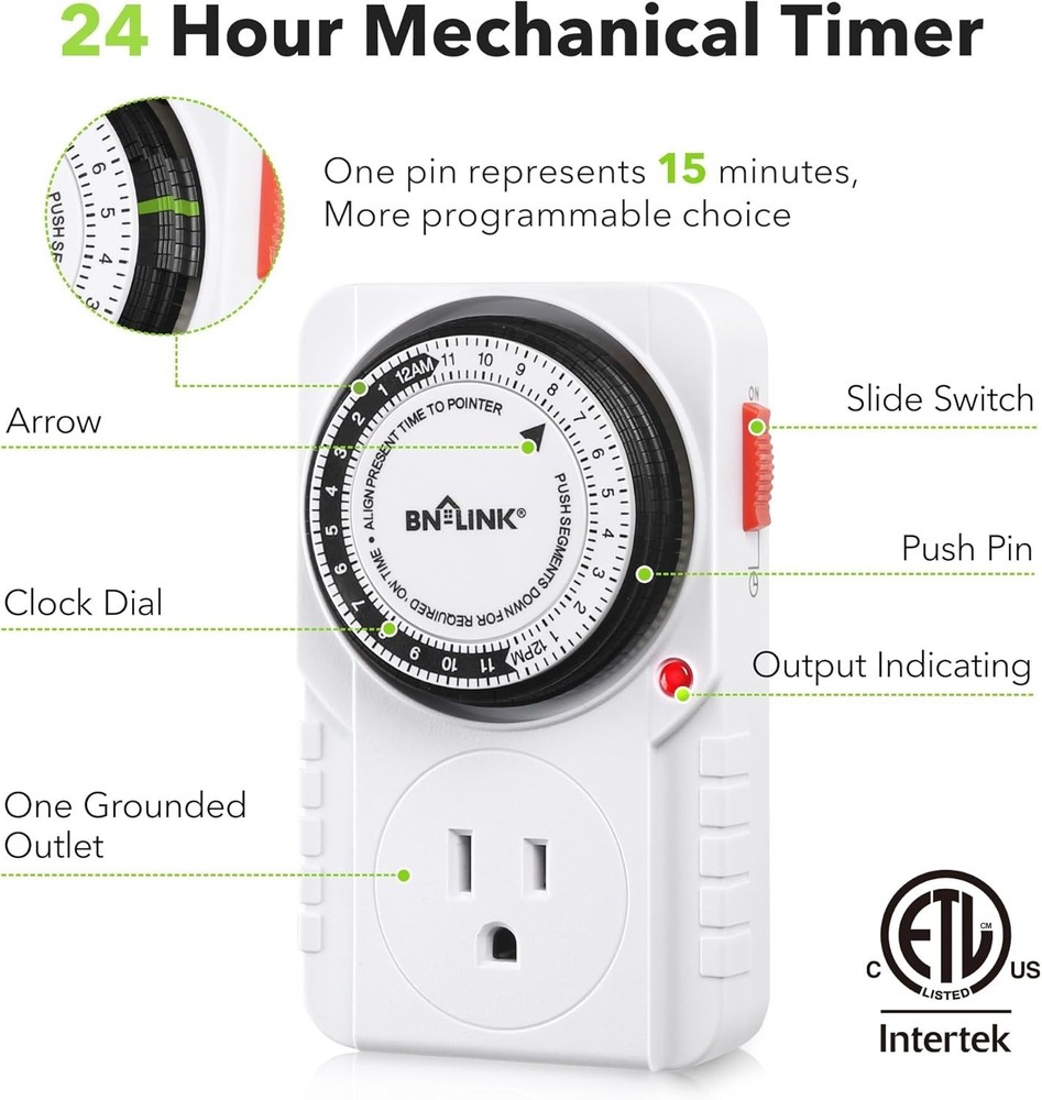 24 Hour Plug-in Mechanical Timer Grounded for Aquarium, Grow Light, Hydroponi...