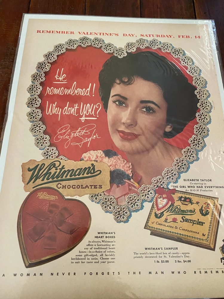 Vintage 1953 Elizabeth Taylor Whitman's Sampler Candy Valentines ad