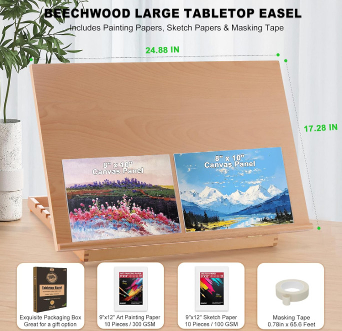Extra Large Tabletop Art Easel Adjustable Beechwood Drawing Board 24.88x17.28