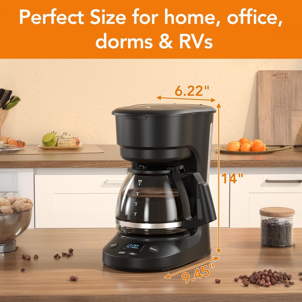 5-Cup Programmable Drip Coffee Maker, a compact coffee machine with a digital...