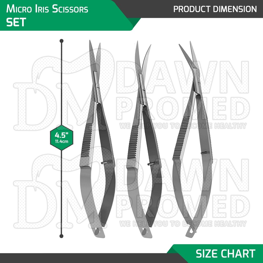 3 Pcs Micro Iris Scissors 4.5" STR, CVD & ANG Ophthalmic & Lab Instruments Set