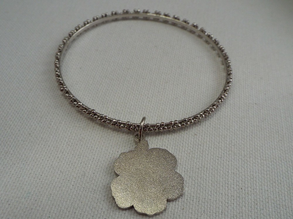 Silvertone Pink Flower Charm Bangle Bracelet (B27)