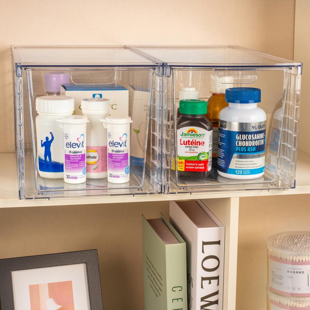 4Pack Large Stackable Kitchen Storage Drawers, Clear Foods Organizer Bins wit...