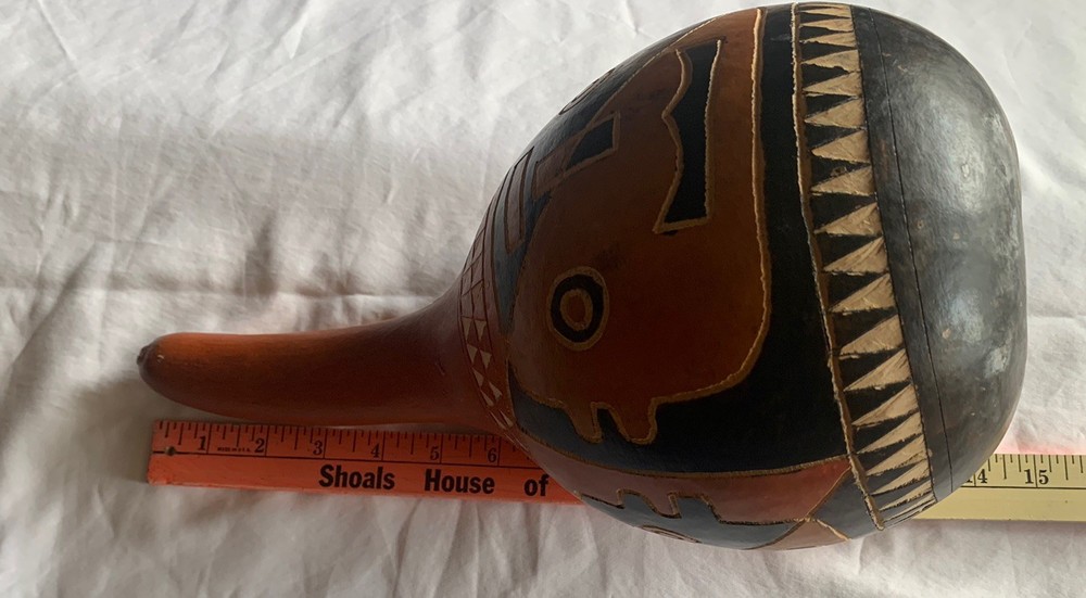Hand Craved Painted Two Tone Face Gourd 13 1/2” Tall