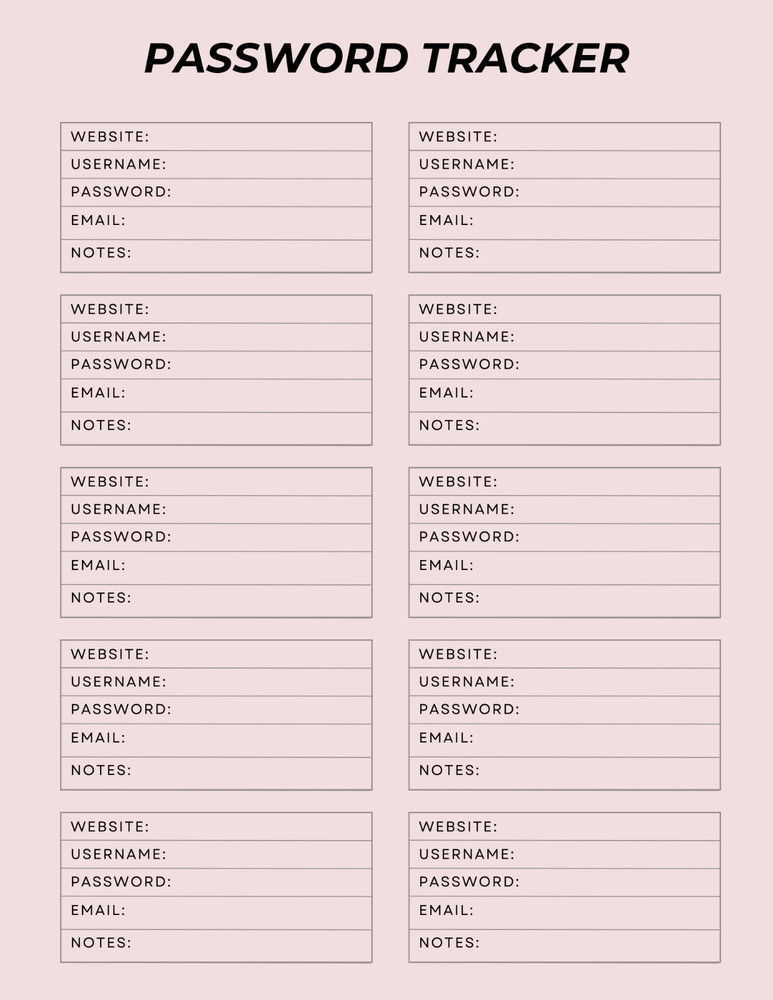 Digital Editable PDF Password Templates Downloadable and Printable