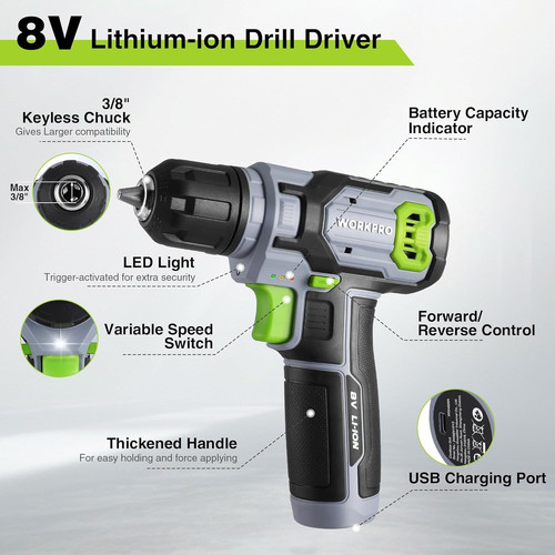 WORKPRO Power Drill Set with Stackable Tool Box, 8V Cordless Grey