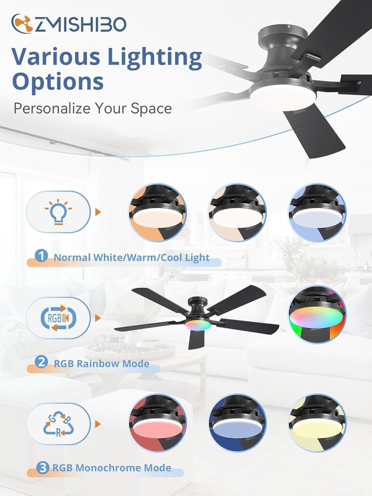 Modern 52" Ceiling Fan - RGB LED Light, Low Profile