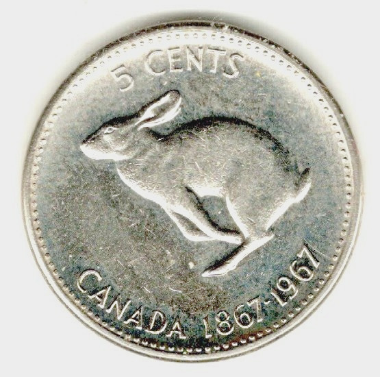 1967 Canadian Five Cent Rabbit Coin