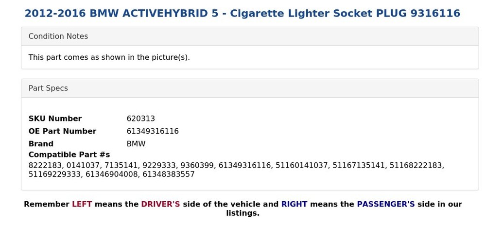 2012-2016 BMW ACTIVEHYBRID 5 - Cigarette Lighter Socket PLUG 9316116