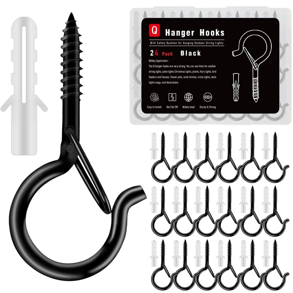 24 Pack Black Screw Hooks with Safety Buckle - 2.3 Inch Rustproof Eye Ceiling...