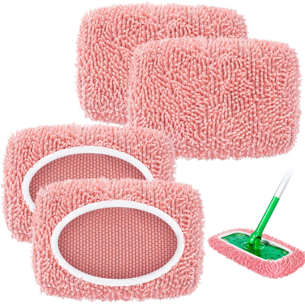 Washable Mop Pads 4 Pack, Reble Chenille Microfiber, Sweeper, Pink
