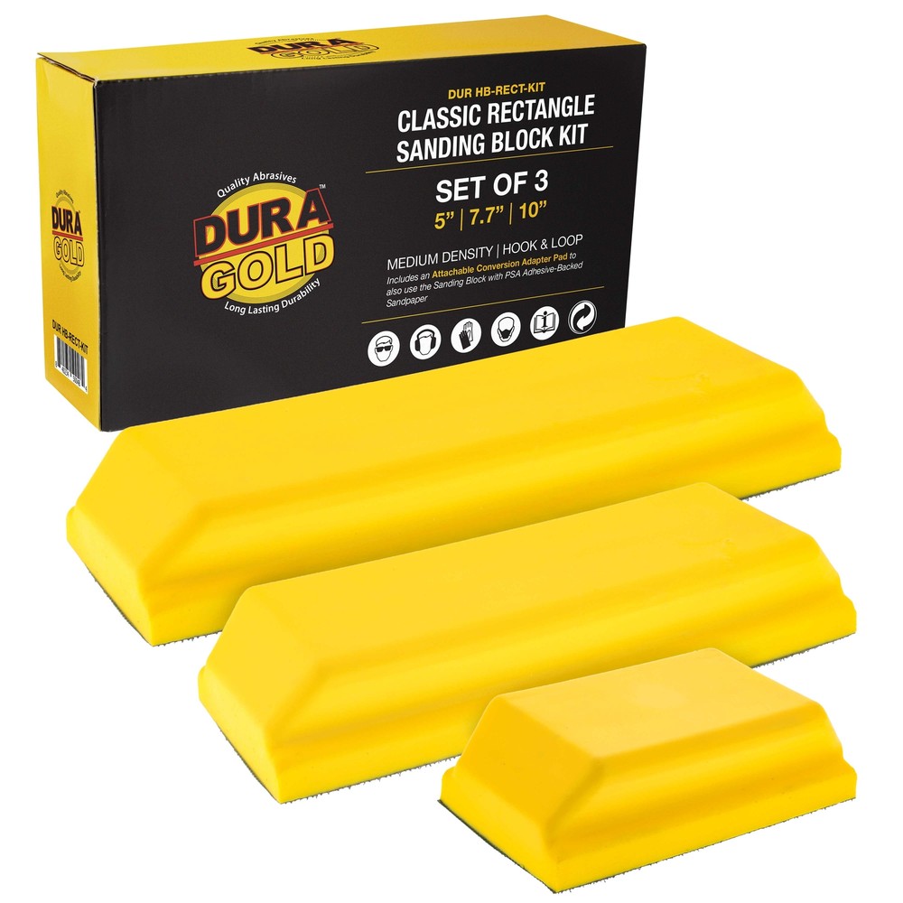5", 7-3/4" and 10" Rectangle Hand Sanding Blocks, Hook & Loop Backing, PSA Pad