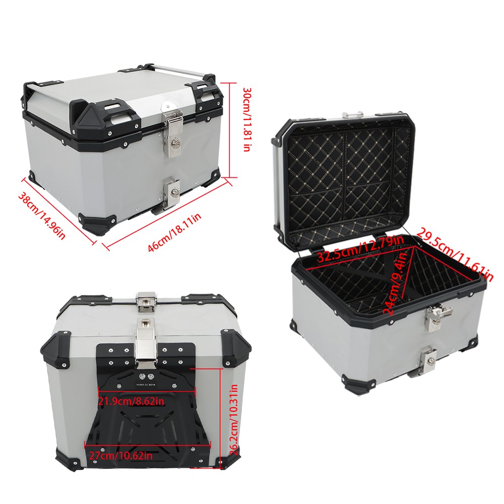 55L Silver Motorcycle Luggage Waterproof Tail Box Scooter Trunk Storage Top Case