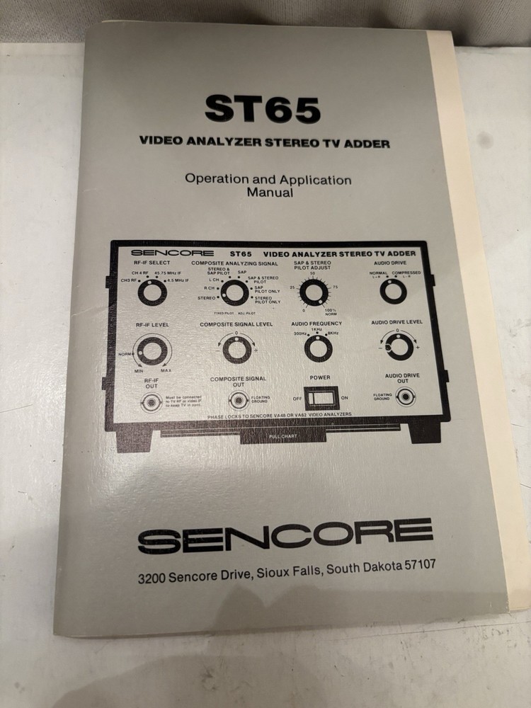 Sencore ST65 Video analyzer stereo TV adder - OPERATION & APPLICATION MANUAL
