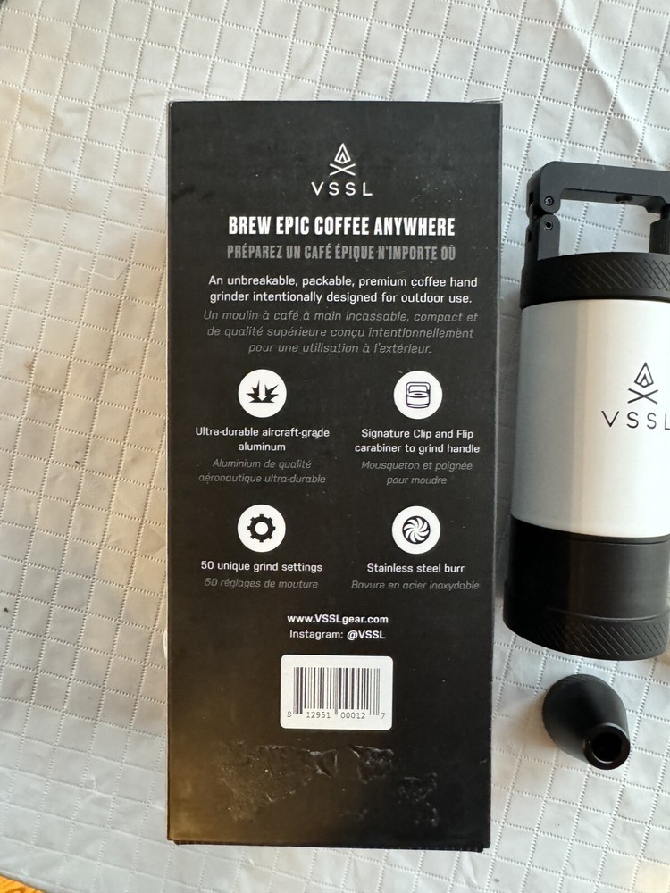 New! VSSL Java White Portable Manual Coffee Espresso 20g Burr Grinder. Camping