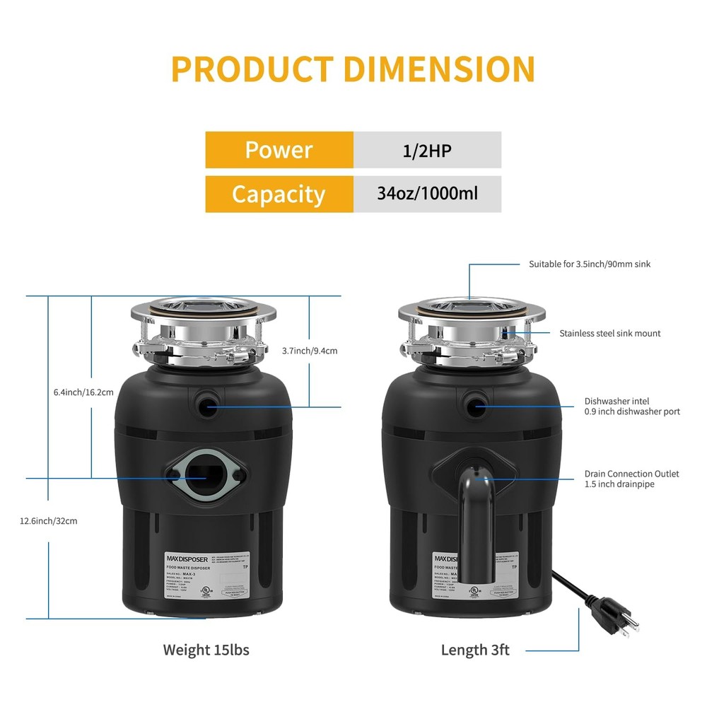 MAX DISPOSER Garbage Disposal 1/2 HP Easy install Quiet with Stopper Power Cord,