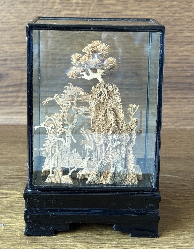 Chinese Cork Carving 3D Diorama Scene 7” Tabletop Decor Rectangle Case
