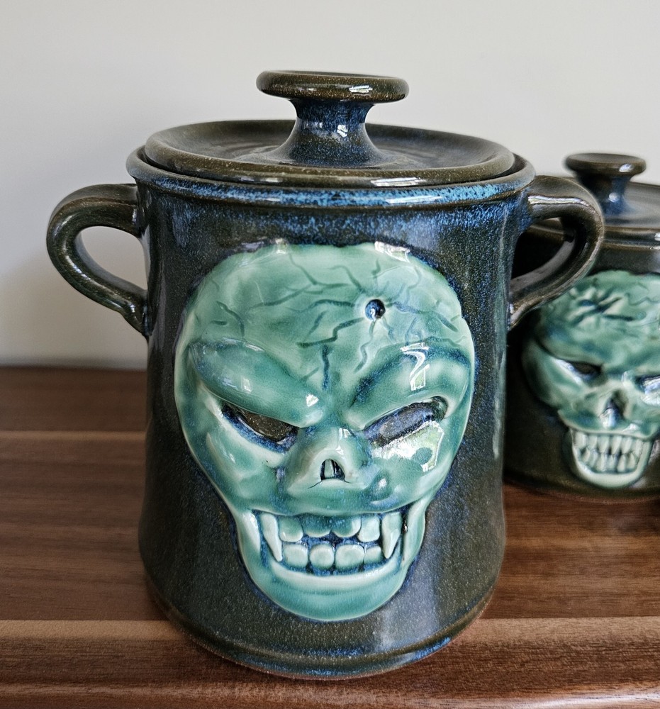 Scull Handmade Pottery 3 Canisters Green Jar Storage Unique