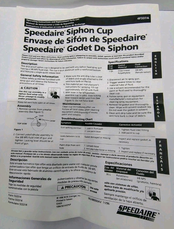 Speedaire Siphon Cup Replacement For Air Sprayer