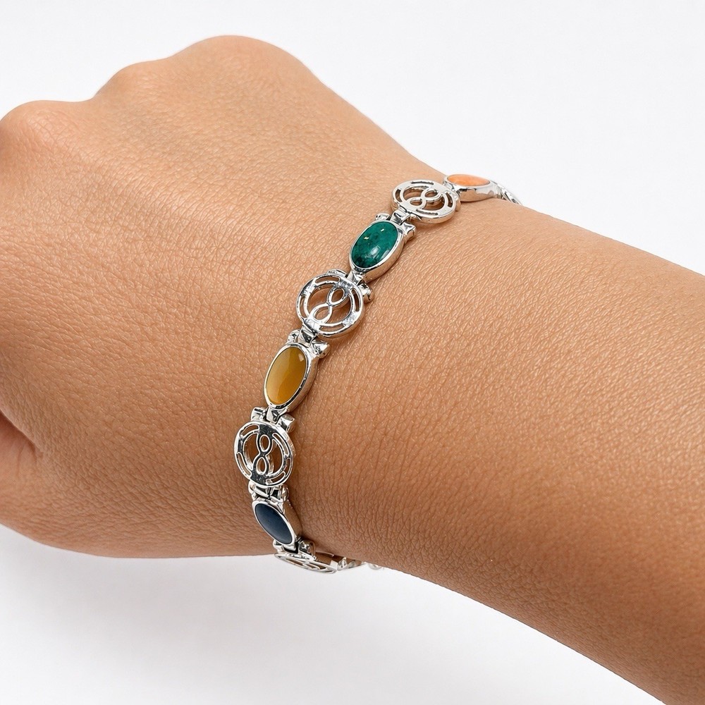 Peruvian 925 Sterling Silver Multi Gemstone Link Bracelet