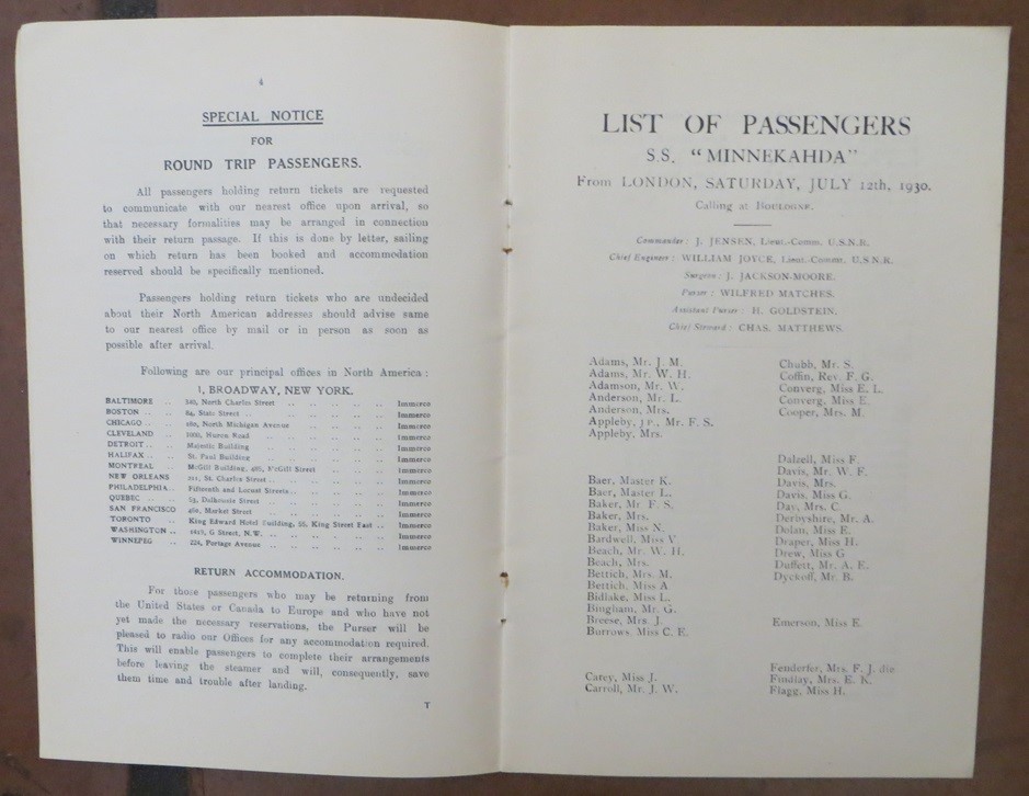 MINNEKAHDA (Atlantic Transport) 1930 Passenger List