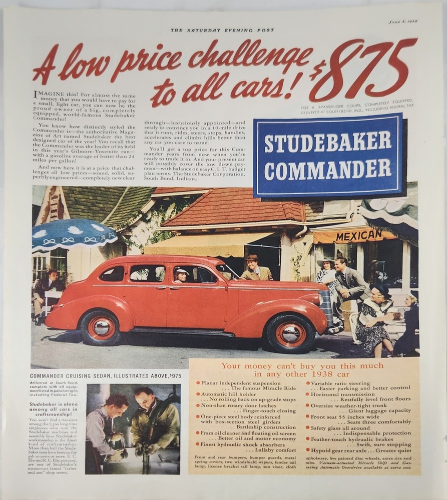 1938 Red Studebaker Car Vintage Ad 13 x 10 Commander