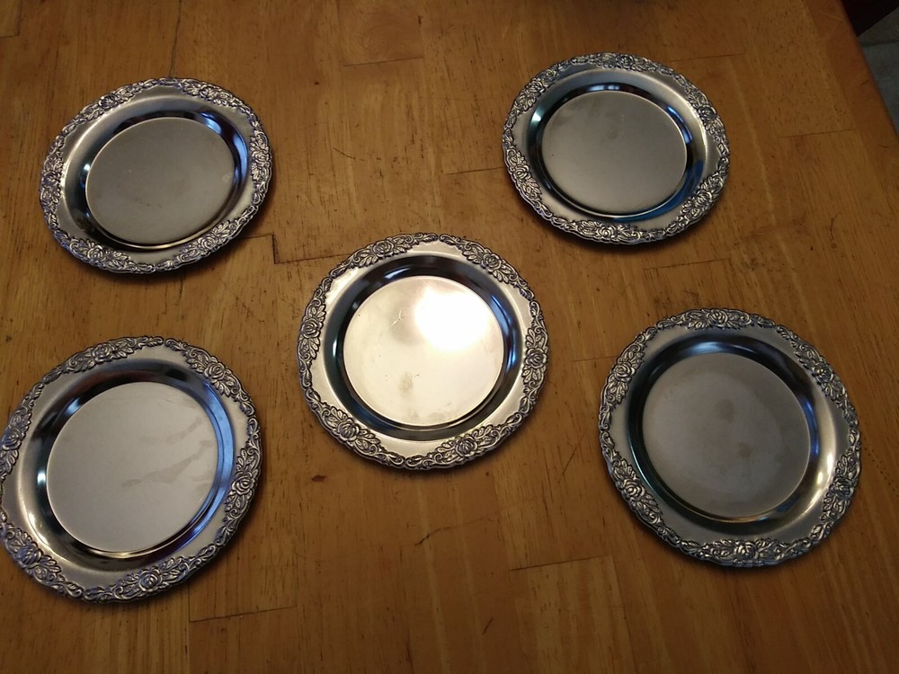 5 Silver Plated Coasters With Roses