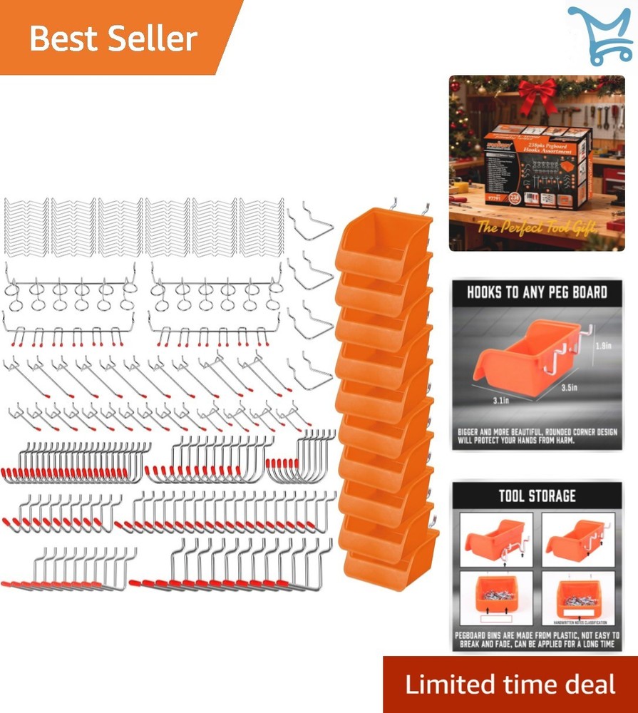 238 pcs Pegboard Hooks Assortment Kit Heavy Duty Rust Resistant Tool Organizer