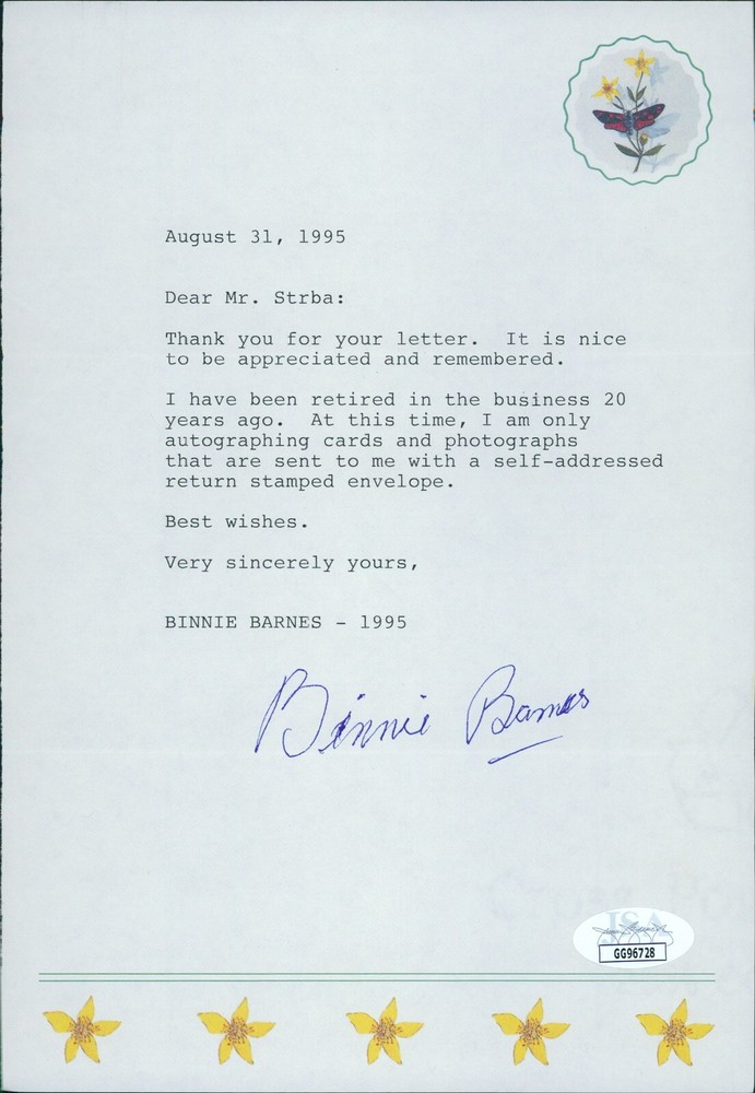 Binnie Barnes Actress Signed 6x9 Request Letter Page JSA Authenticated
