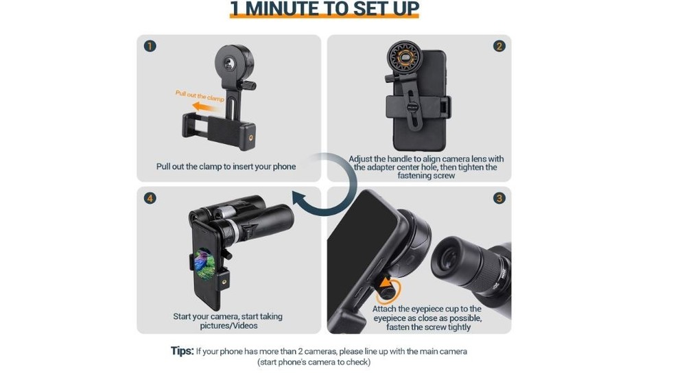 Universal Cell Phone Telescope Mount Adapter Fits Monocular, Binocular, Microsco