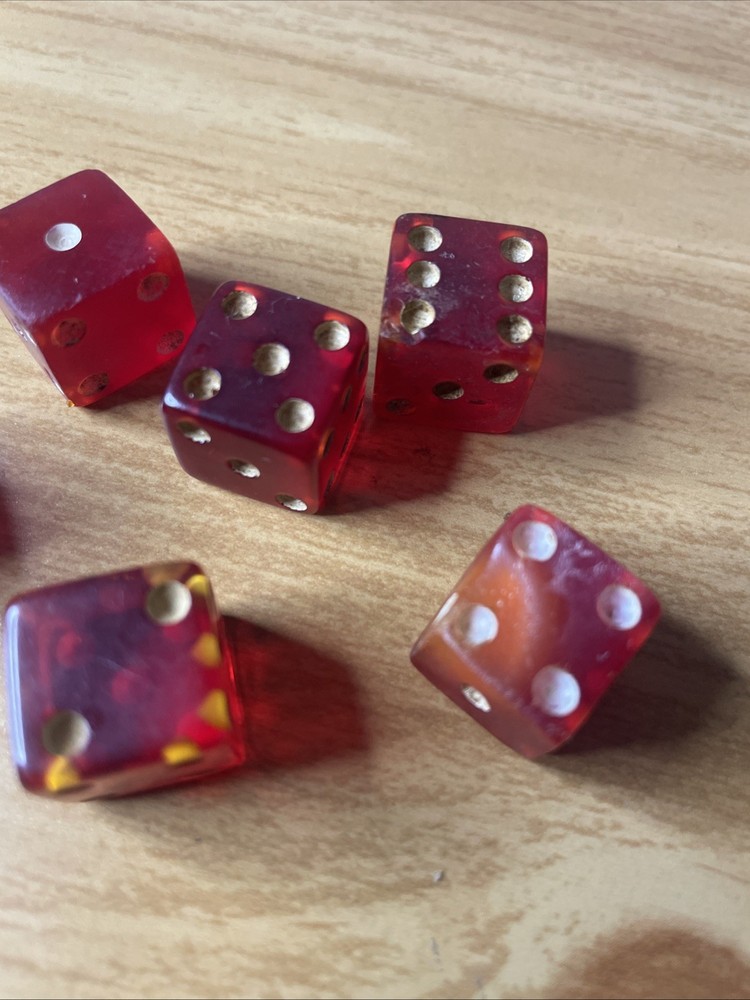 6 Vintage Red Translucent Bakelite Catalin Dice Red White Dots