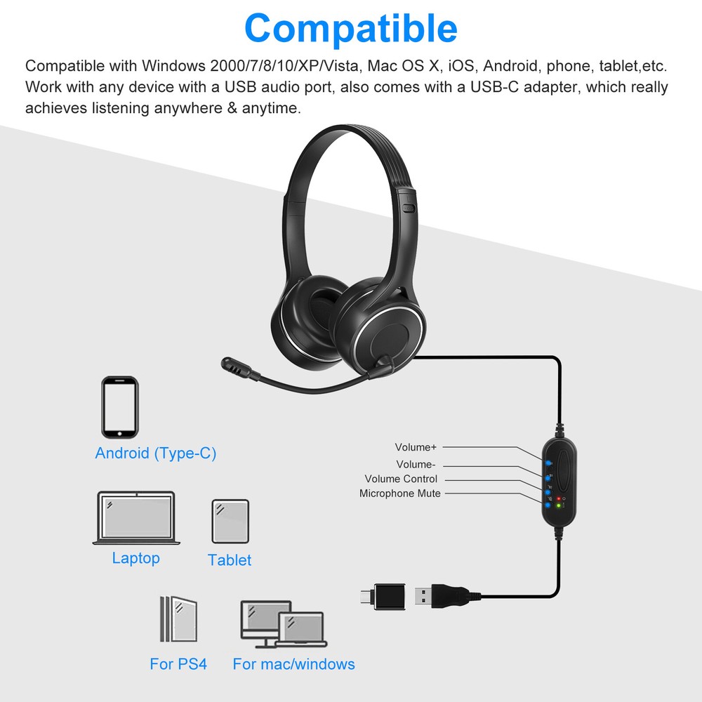 USB Wired Microphone Headphone Noise Reduction Computer for PC Chat Call Headset