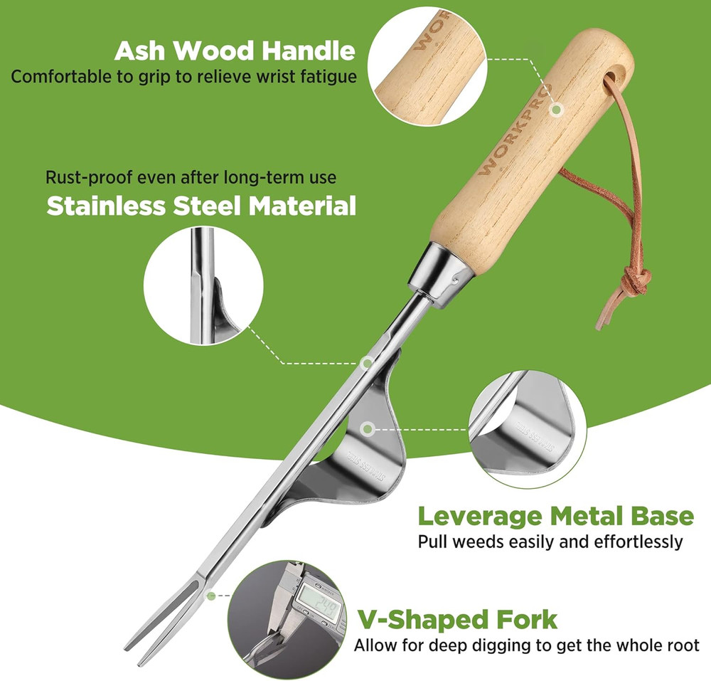 Weed Puller Tool, Metal Leverage Base and V-Shaped Forks for Easy Weed Removal &