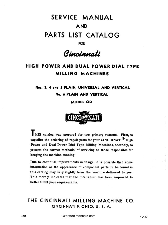 Cincinnati High Power Dual Dial Horizontal Vertical Milling Machine Manual 1292