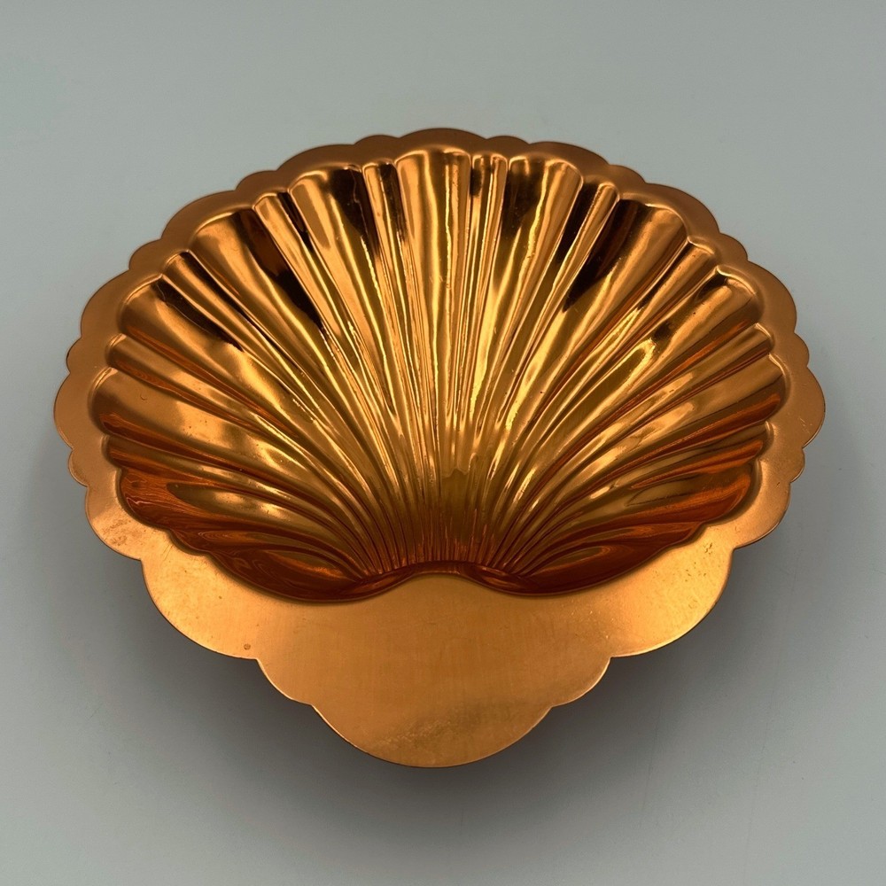 Vintage Solid Copper Scalloped Shell Trinket Brass Footed Dish