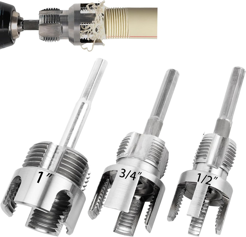 PVC Pipe Threader Kit, 3 Piece Set, 1/2" 3/4" 1" NPT Sizes, Dual-Function Intern
