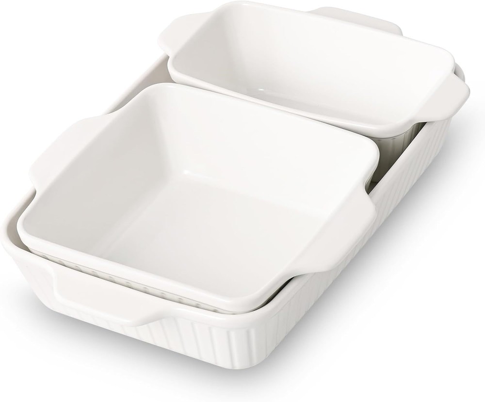 Set of 3 Nesting Ceramic Rectangular Deep Baking Dishes w/ Handles Soft White