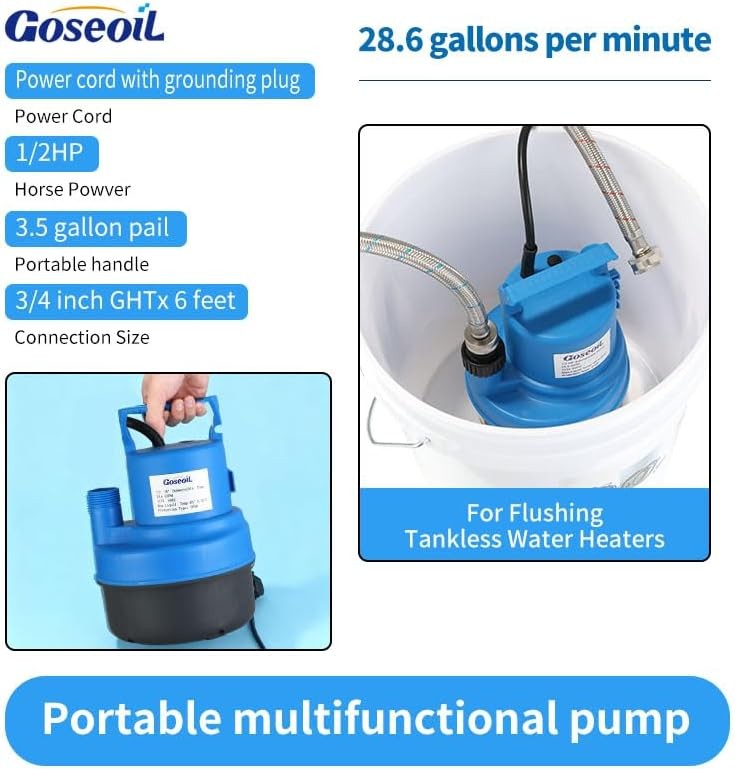 Tankless Water Heater Flush Kit with 1/2HP Submersible Pump, Two 6FT Hoses,Blue