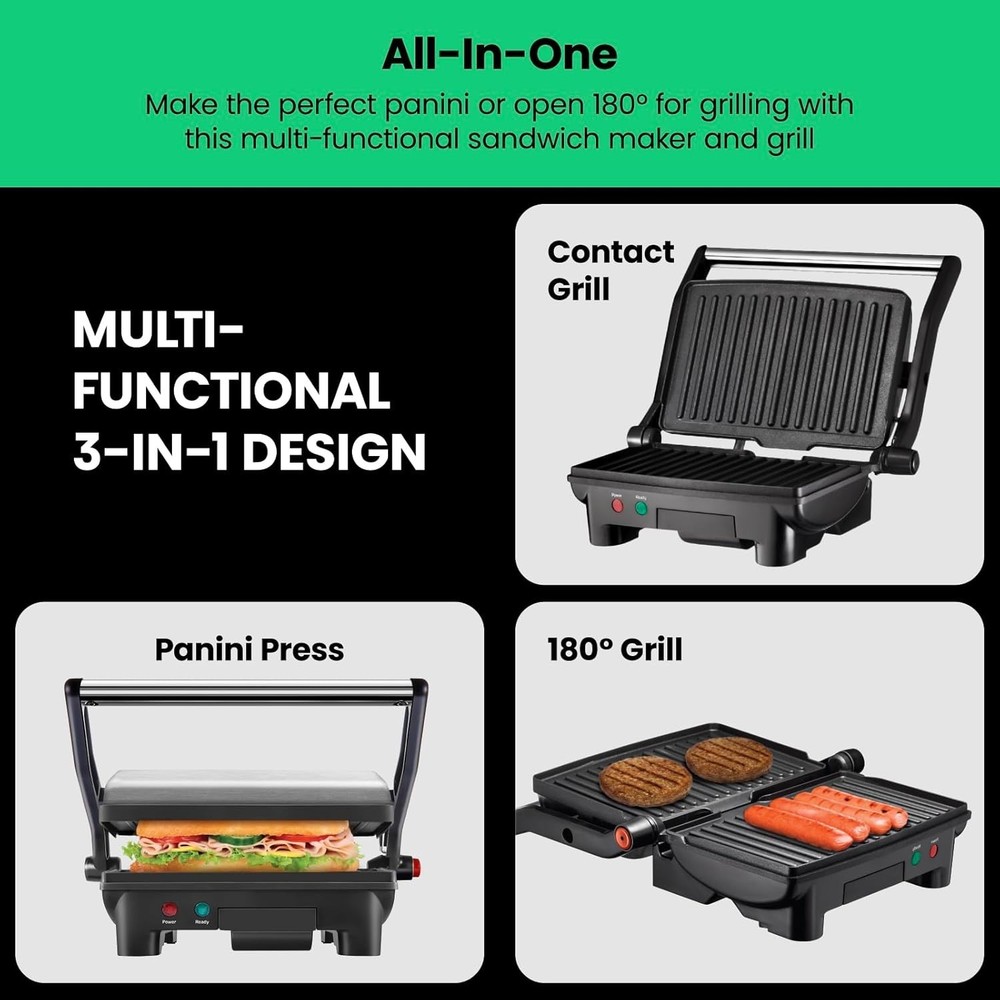 Electric 2-Slice Sandwich Maker: Non-Stick, Removable Drip Tray, Sleek Black