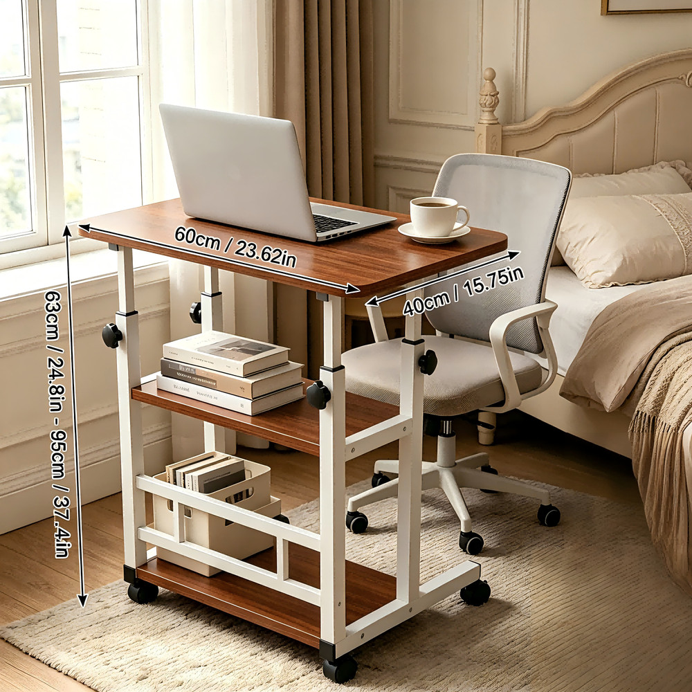 3-Layer Portable Rolling Standing Desk Adjustable Height Storage Shelves WALNUT
