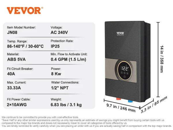 Instant Water Heater 8/13.8/18kw On Demand Electric Water Boiler Digital