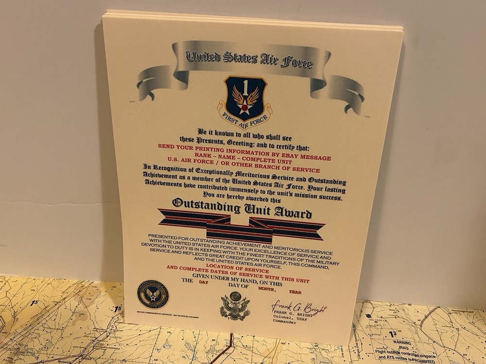 U.S. AIR FORCE / FIRST AIR FORCE - OUTSTANDING UNIT AWARD CERTIFICATE